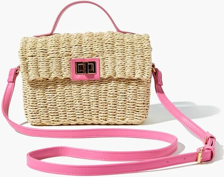 Contrast-Trim Basketwoven Crossbody Bag