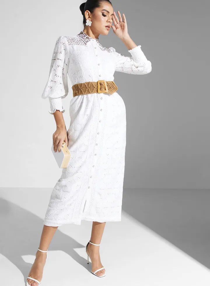 Button Detail Belted Dress