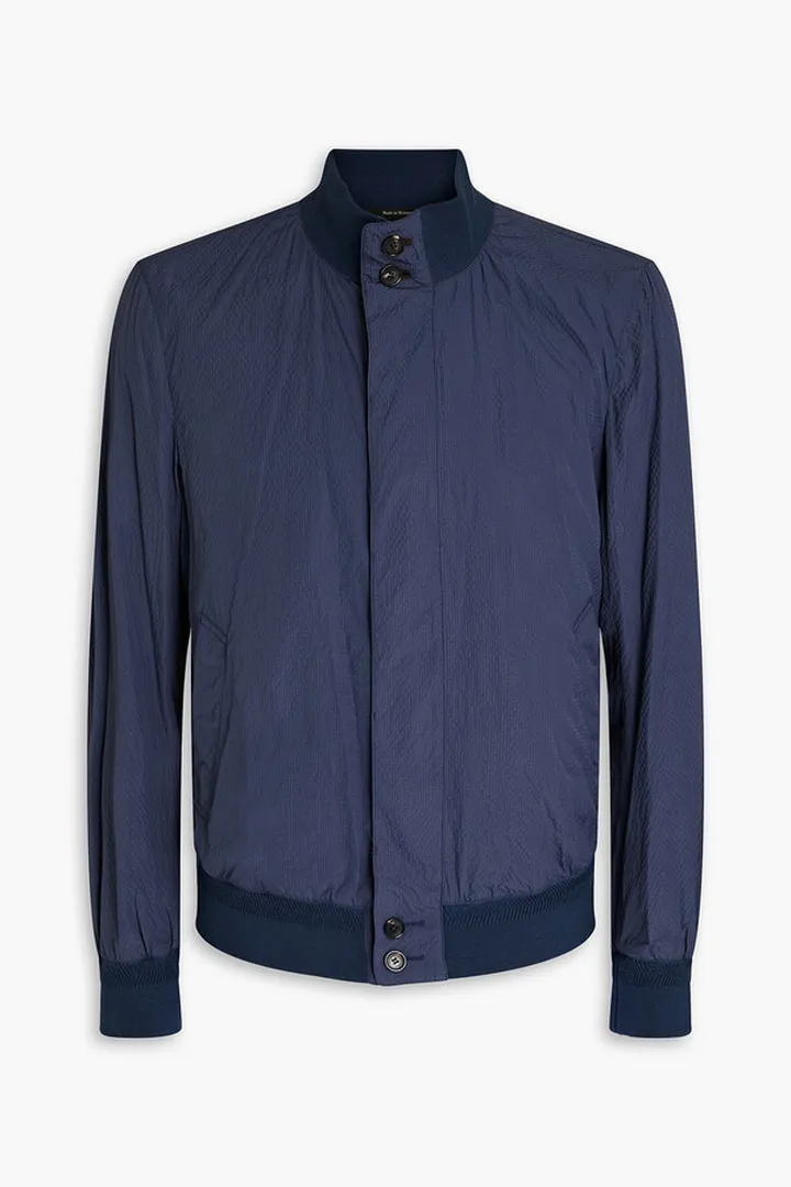 Leather-trimmed seersucker bomber jacket