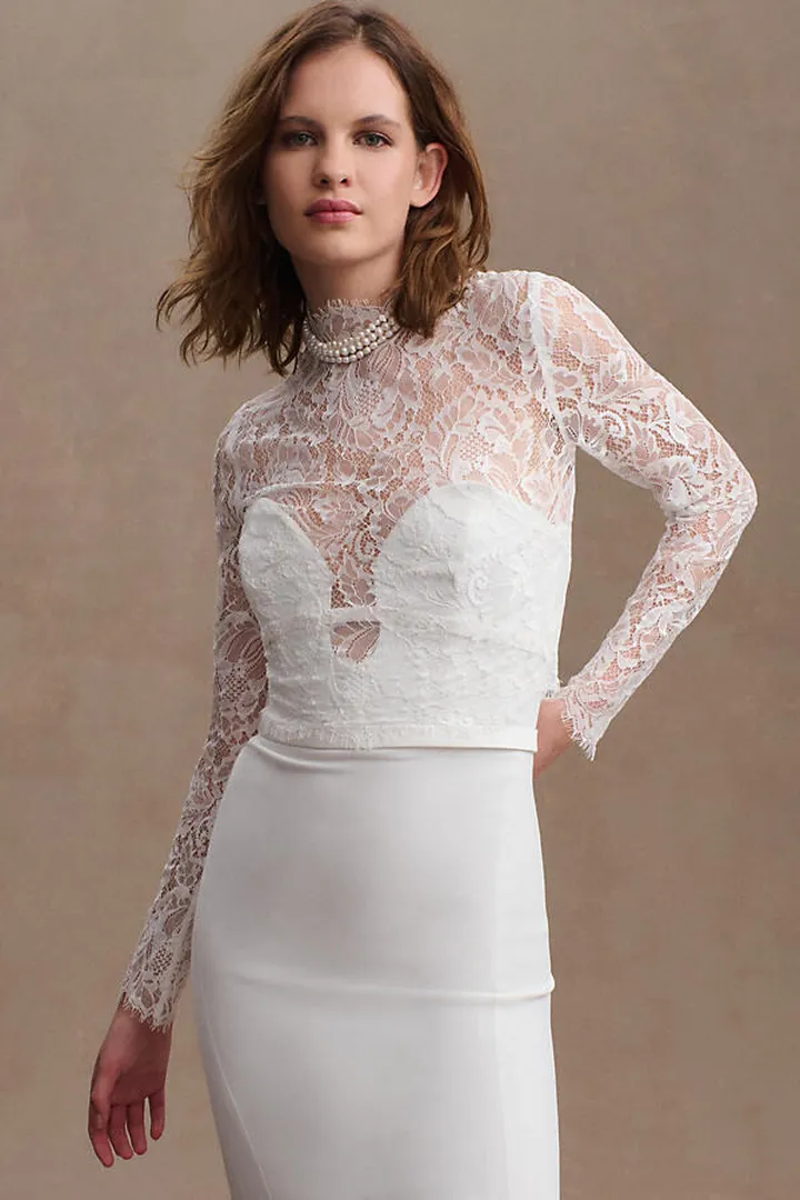 Jenny Yoo Bettina High-Neck Lace Bridal Topper White