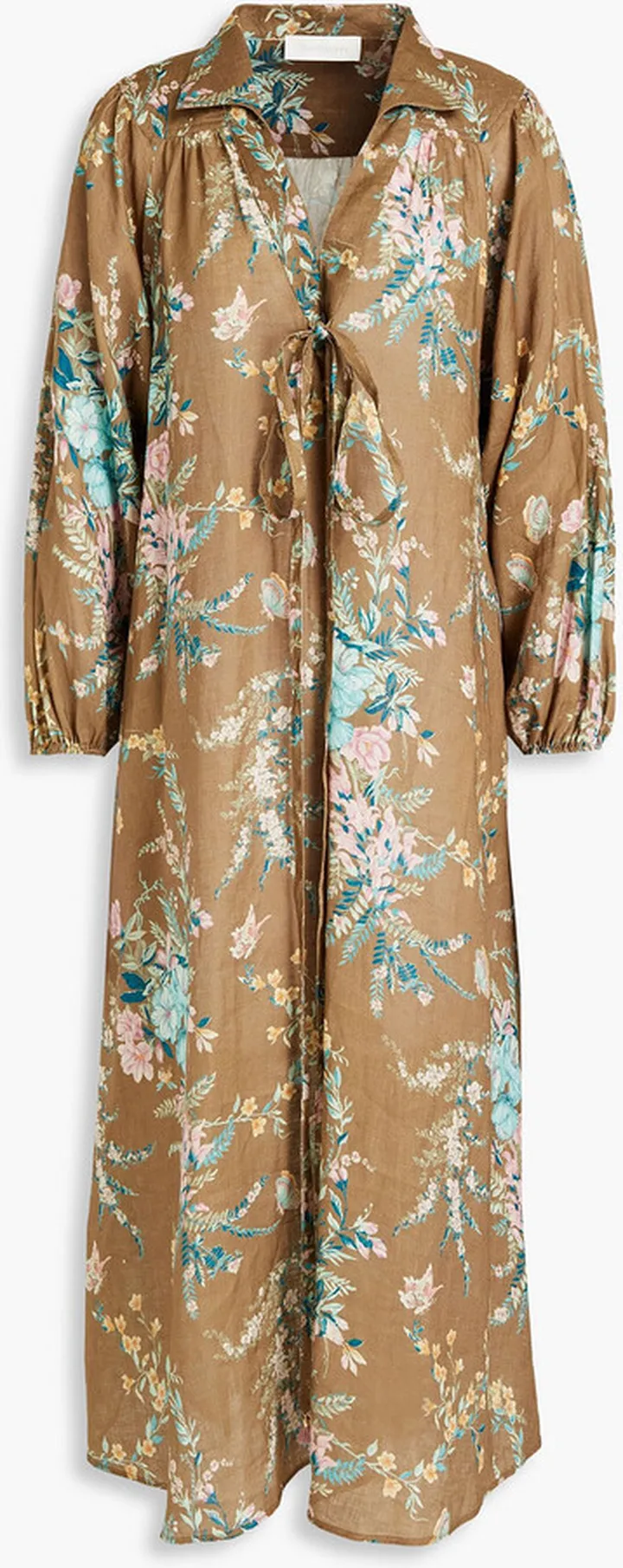 Gathered printed linen midi dress