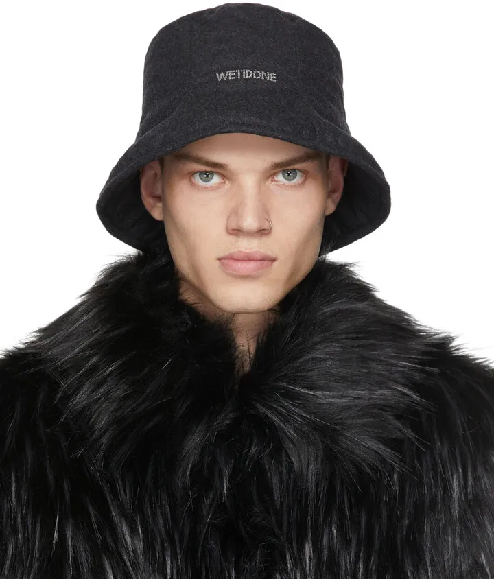 We11done Black Rhinestone Logo Padded Flannel Bucket Hat