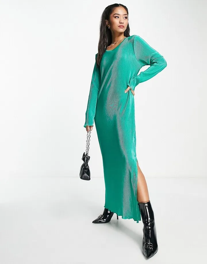 Pieces plisse maxi side slit dress in jewel green