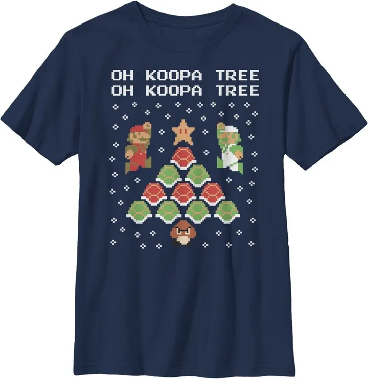 Boy's Nintendo Christmas Mario Bros. Koopa Tree T-Shirt - Navy Blue - Small