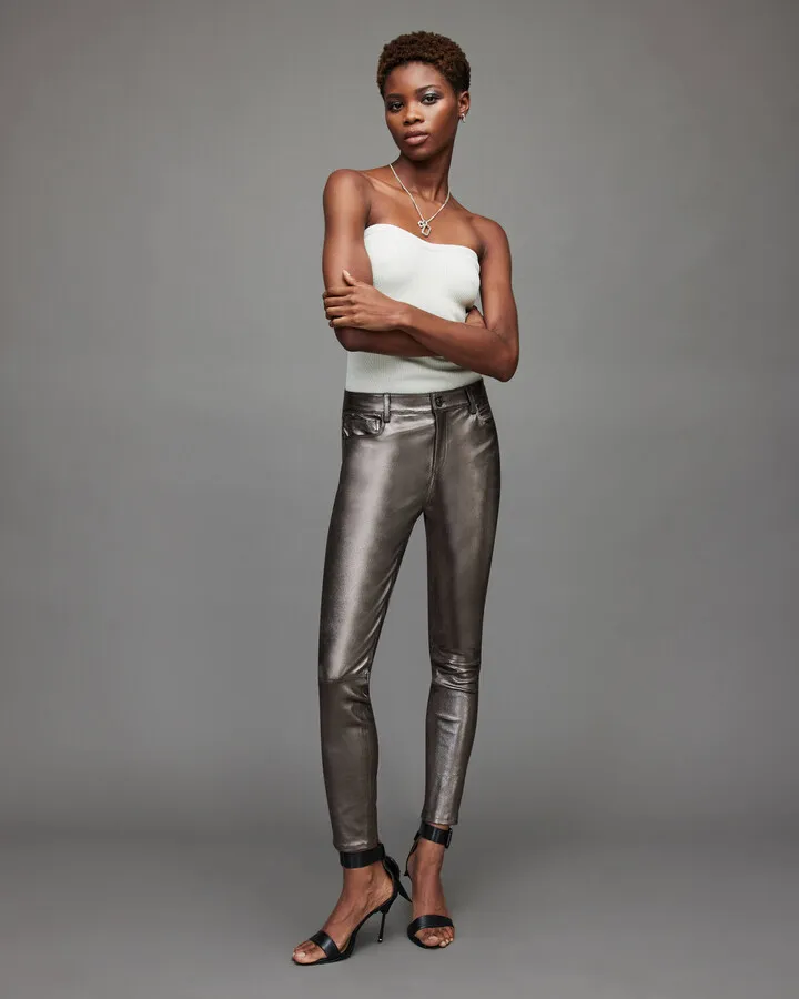 Ina Leather Metallic Pants - Gunmetal