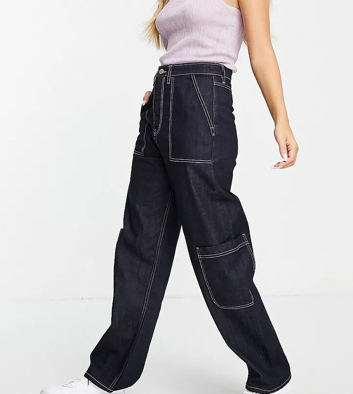 People Tree cotton cargo jeans with pink contrast stitch