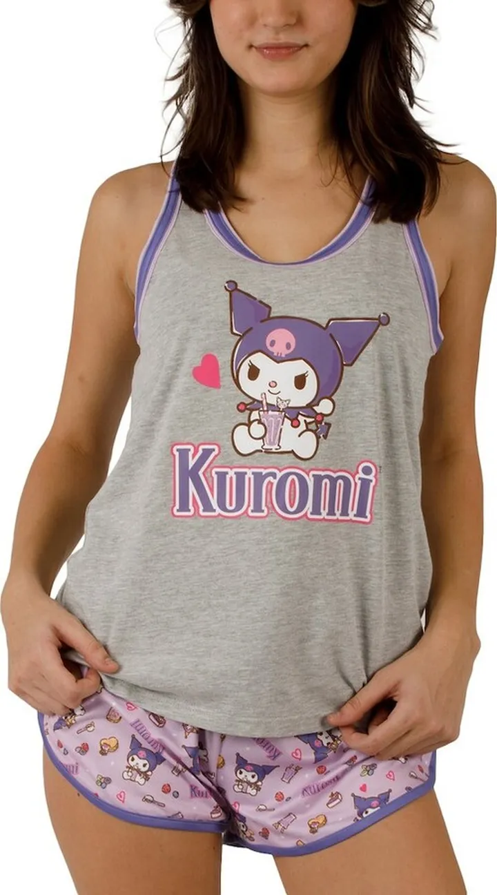 Kuromi Milkshake Women’s Racer Back Tank Top & Dolphin Lounge Shorts Sleepwear Set-Small