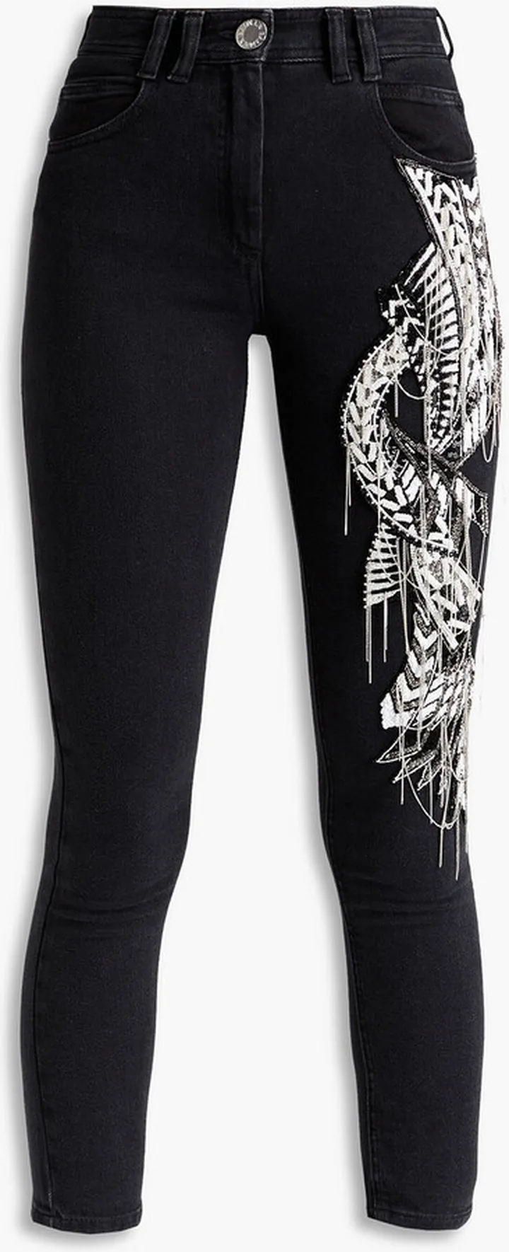 Embroidered embellished high-rise slim-leg jeans