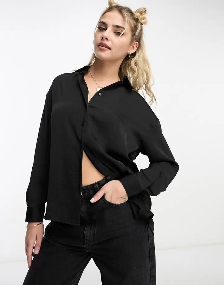 Stradivarius oversized satin shirt in black