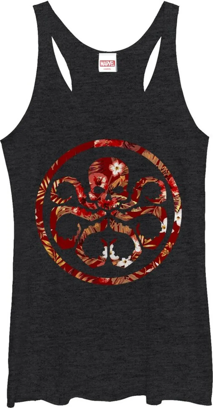 Women's Marvel Hail Hydra Floral Print Logo Racerback Tank Top - Black Heather - Small