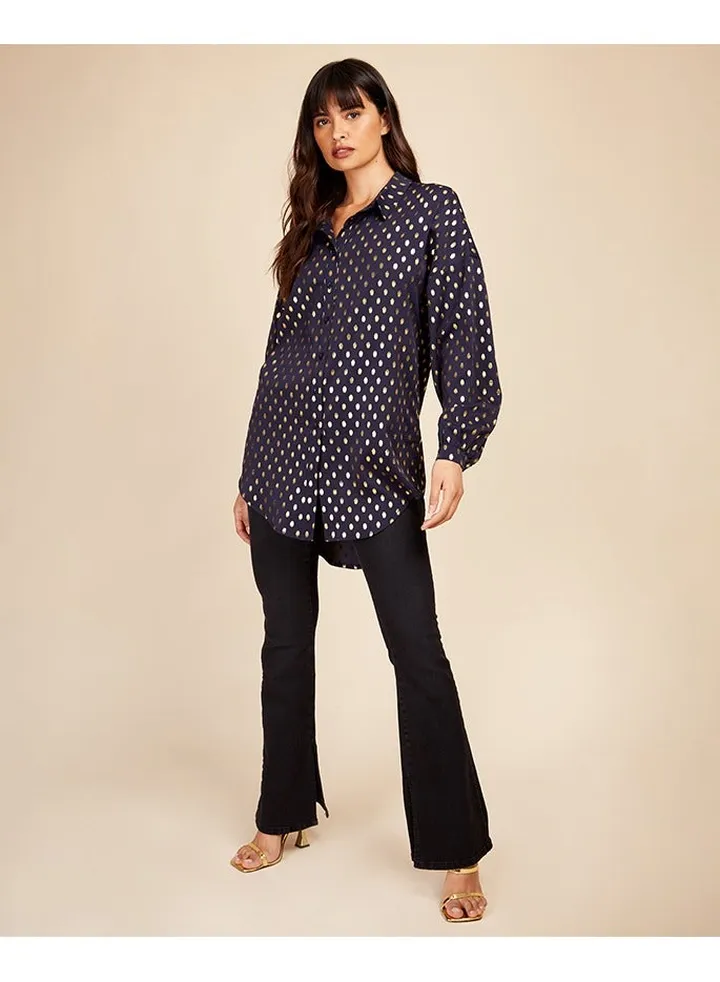 Little Mistress Navy Satin Foil Shirt