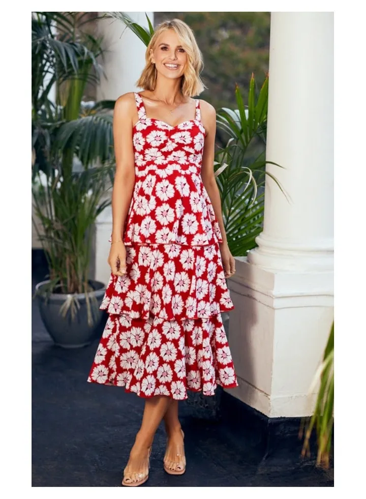 Little Mistress Red Floral Tiered Midaxi
