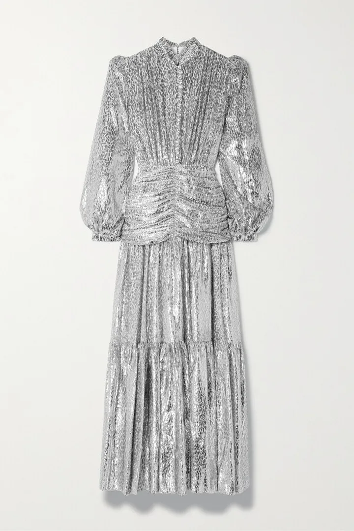 Costarellos - Metallic Fil Coupé Chiffon Gown - Silver