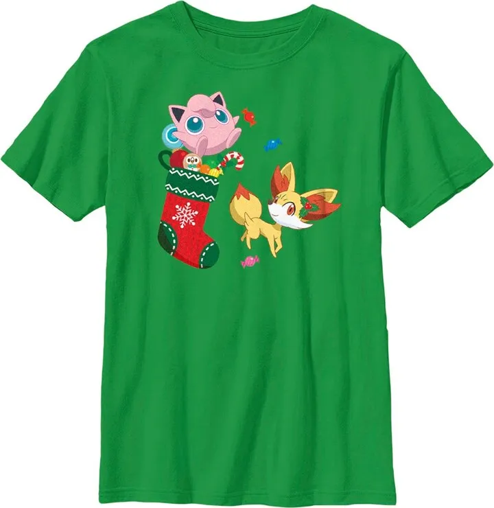 Boy's Pokemon Christmas Jigglypuff and Fennekin Stocking T-Shirt - Kelly Green - X Large