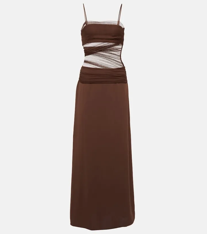 Sheer-detail ruched maxi dress