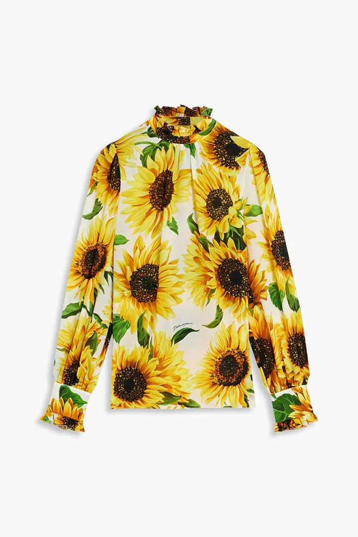 Gathered floral-print silk-crepe blouse