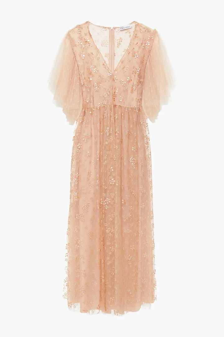 Glittered floral-print point d'espirit midi dress