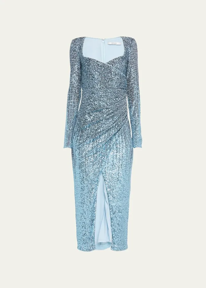 Ombre Sequin Faux-Wrap Midi Dress