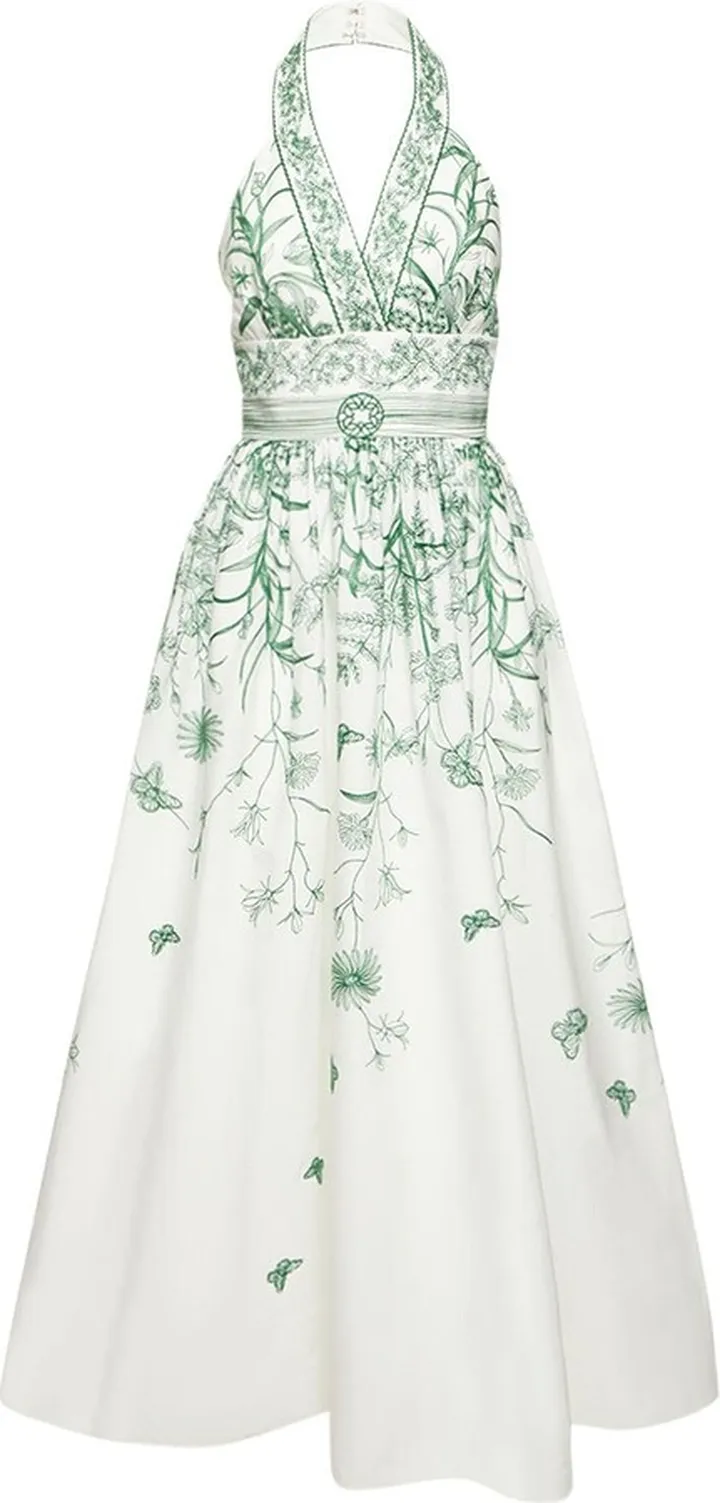 Embroidered poplin halter midi dress