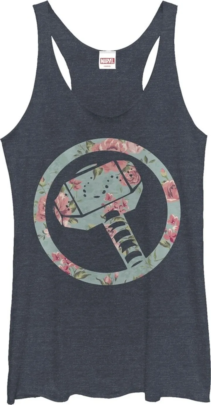 Women's Marvel Thor Hammer Floral Print Racerback Tank Top - Navy Blue Heather - Large