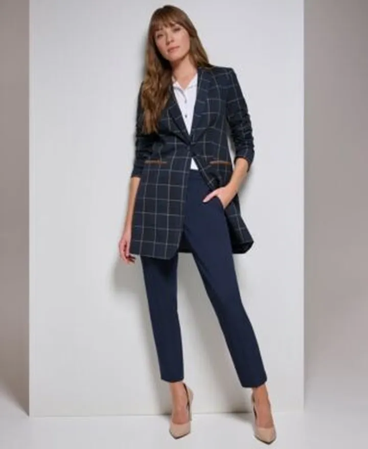 Tommy Hilfiger Womens Windowpane One Button Blazer Sleeveless Button Up Blouse Sloane Slim Leg Ankle Pants