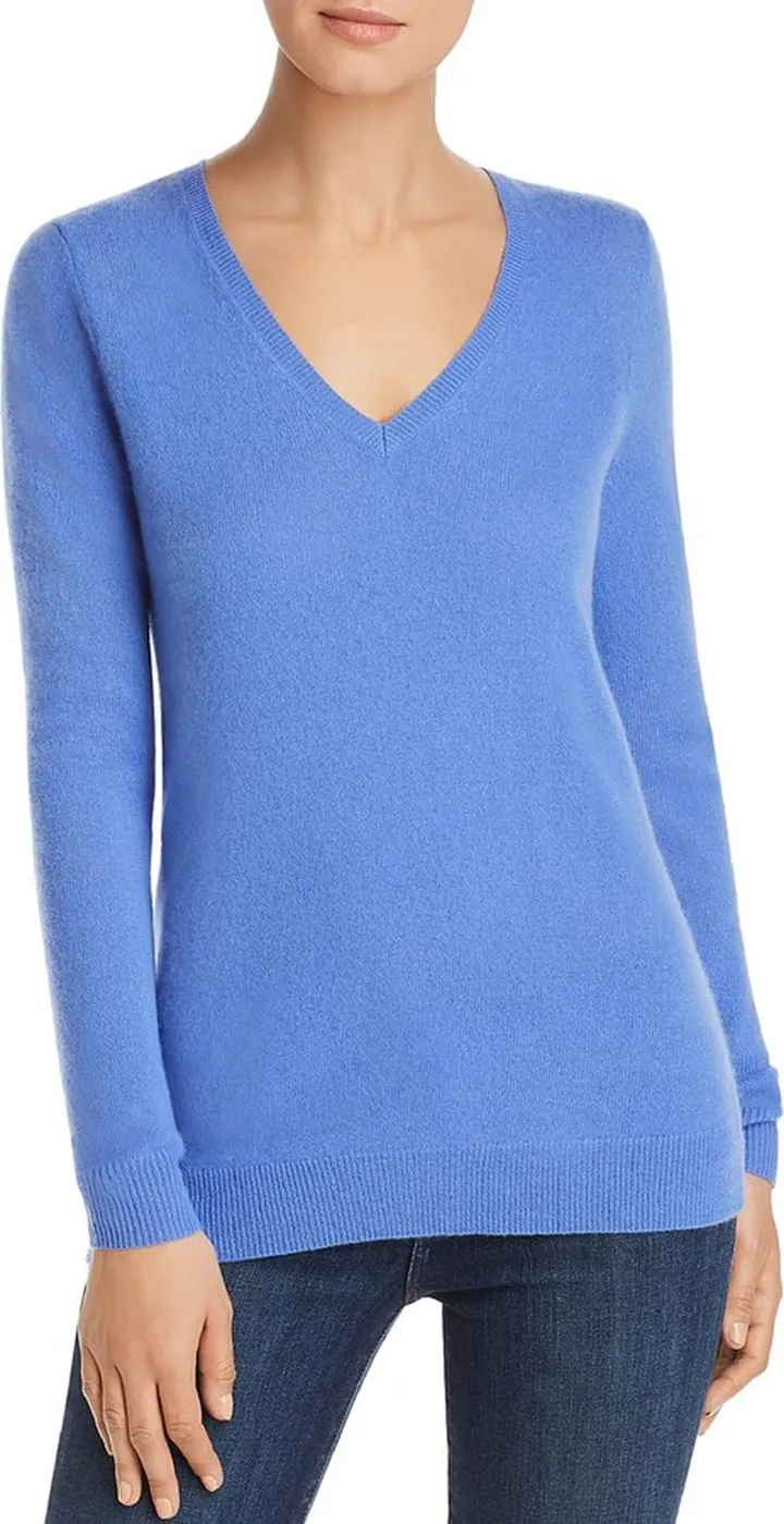 Womens Ribbed Trim Long Sleeve V-Neck Sweater