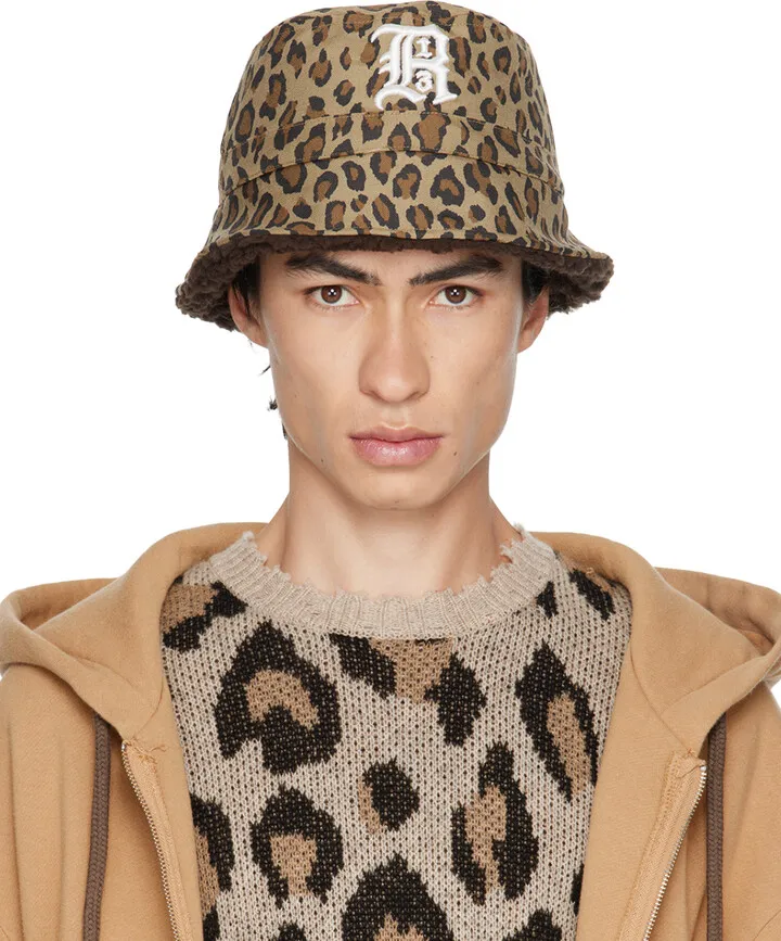 R13 Beige Leopard Logo Bucket Hat
