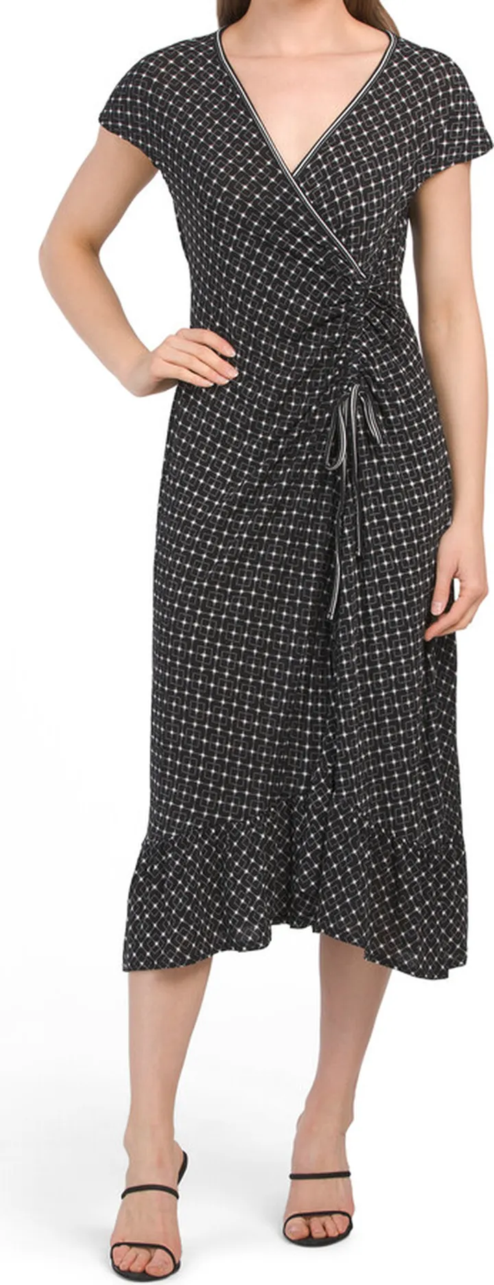 Short Sleeve Ruched Side Tie Flounce Hem Midi Dress
