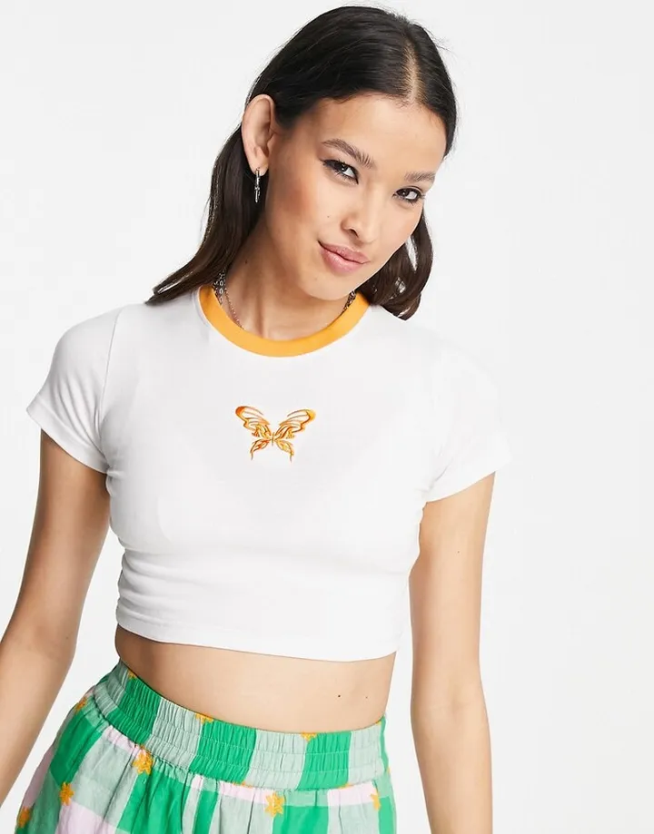 Daisy Street cropped baby ringer t-shirt with butterfly embroidery