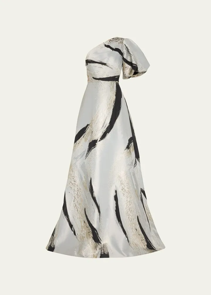 One-Shoulder Puff-Sleeve Jacquard Gown