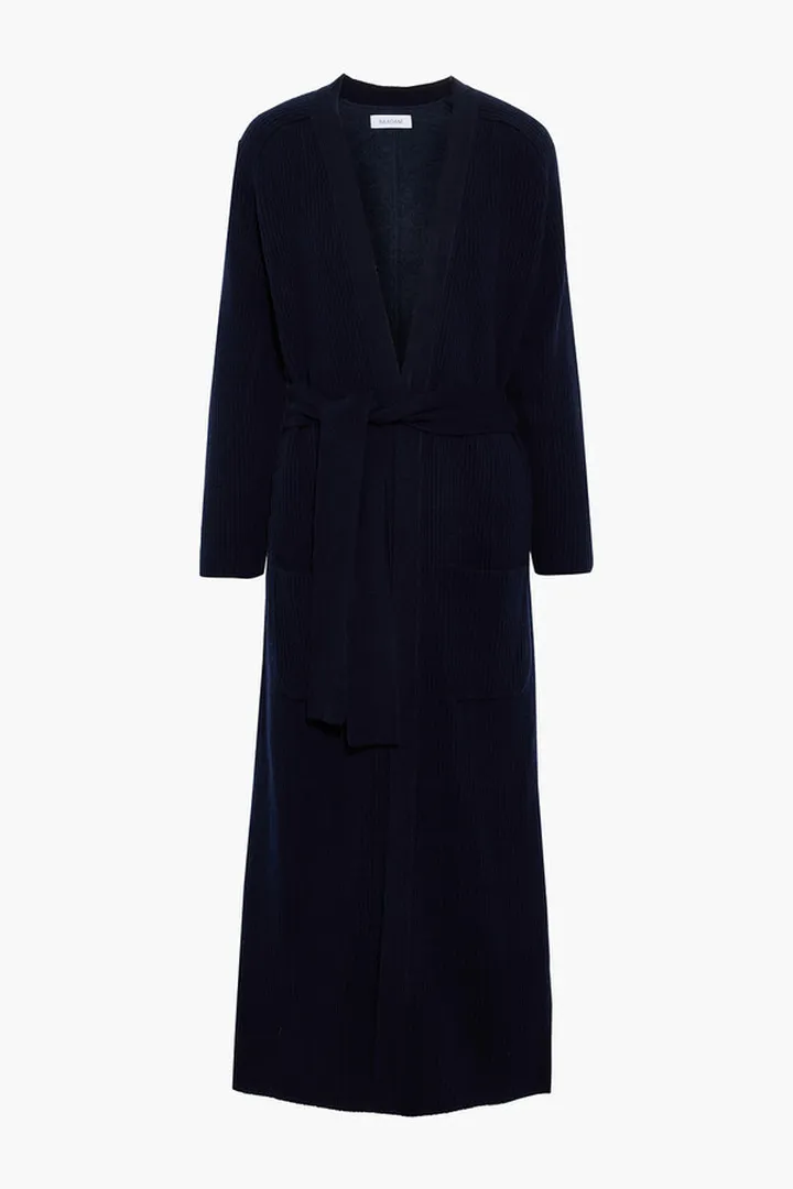 Belted ribbed-knit and cotton and cashmere-blend fleece cardigan