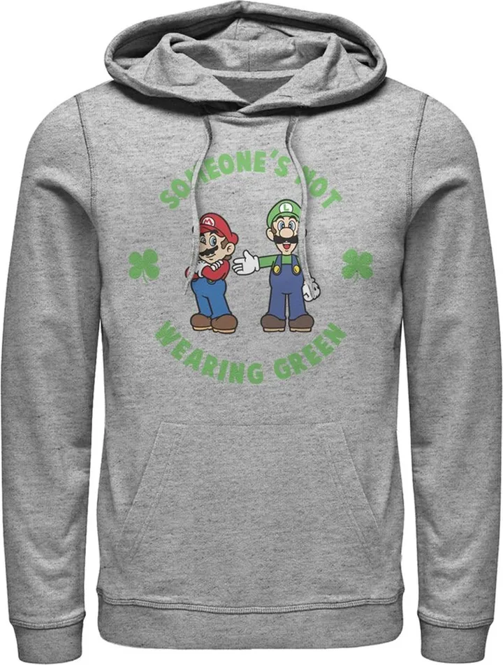 Men's Nintendo Super Mario and Luigi St. Patrick's Not Wearing Pull Over Hoodie - Athletic Heather - Large