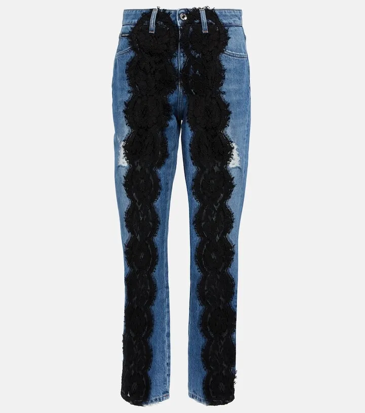Lace-applique boyfriend jeans