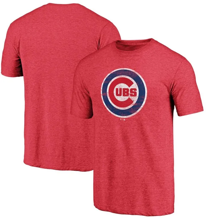 Men's Heathered Red Chicago Cubs Weathered Official Logo Tri-Blend T-shirt