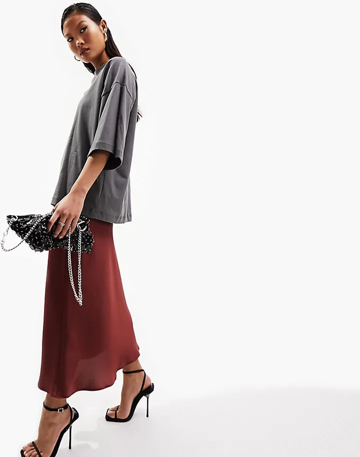ASOS DESIGN Petite satin bias slip midi skirt in chocolate