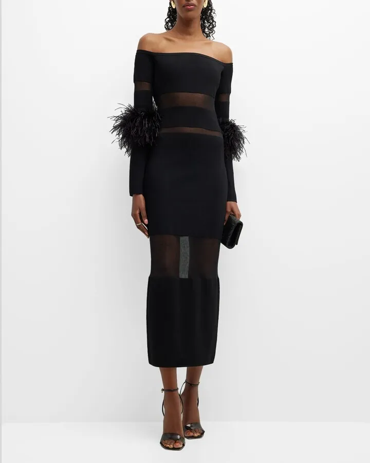 Off-Shoulder Sheer Feather-Sleeve Midi Dress