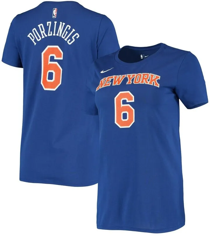 Women's Nike Kristaps Porzingis Blue New York Knicks Name and Number Performance T-shirt