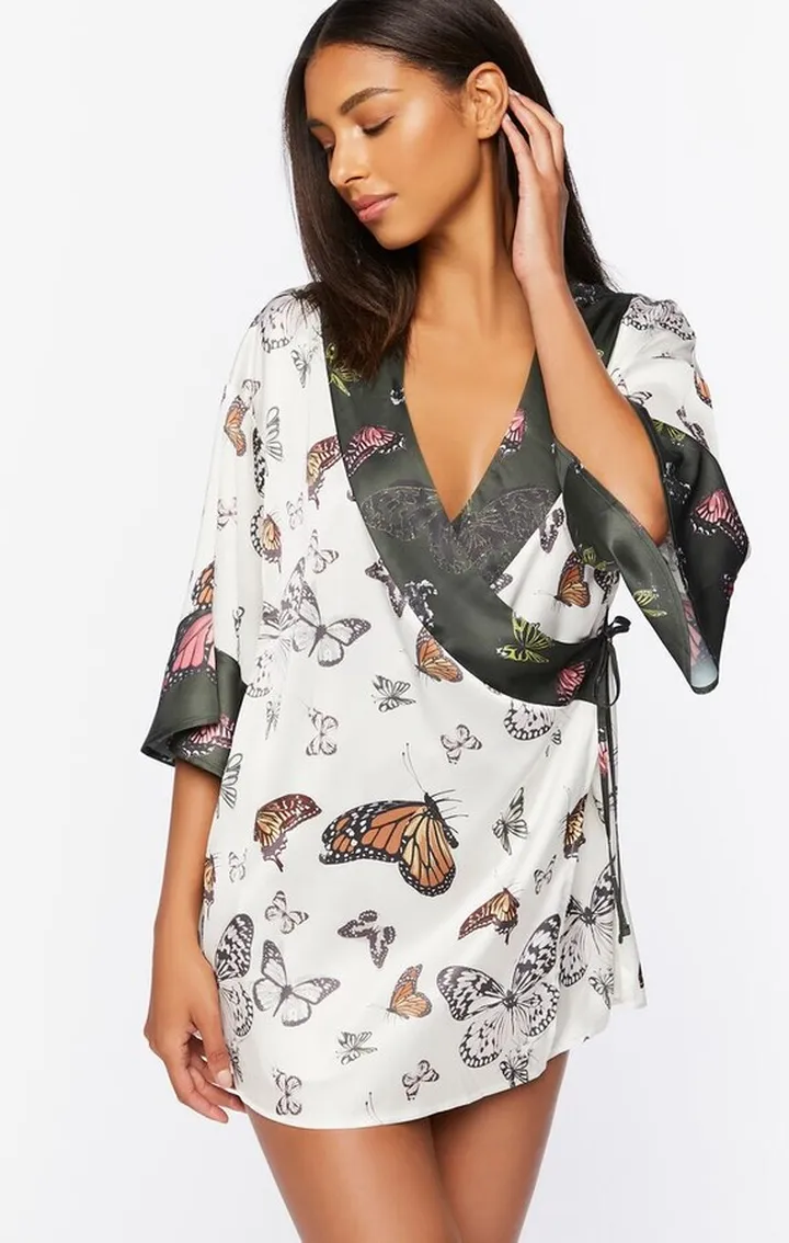 Satin Butterfly Print Robe