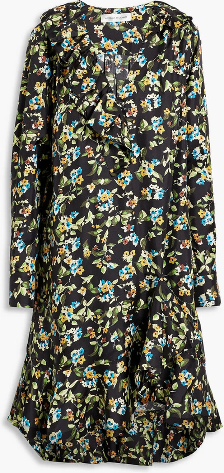 Ruffled floral-print silk-twill dress
