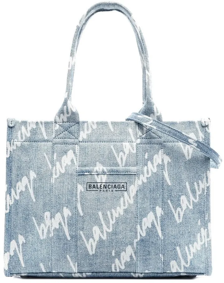 Hardware logo-print denim tote bag
