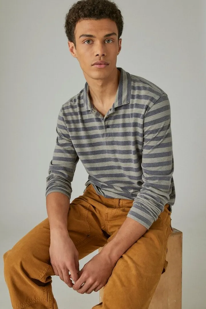 Sueded Jersey Long Sleeve Stripe Polo