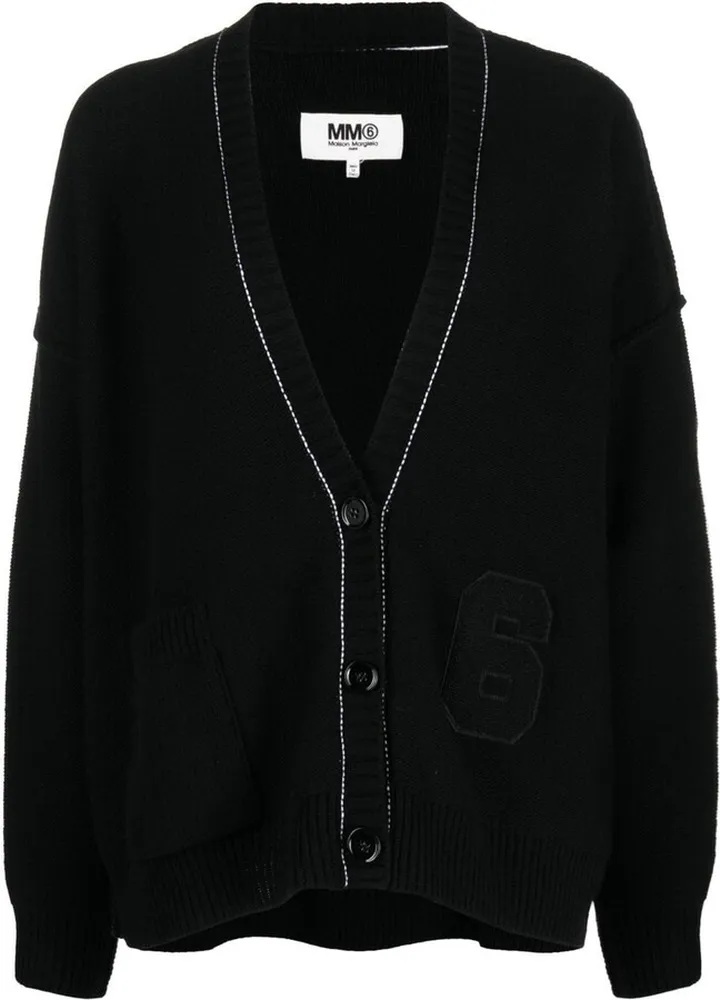 number-patch V-neck cardigan