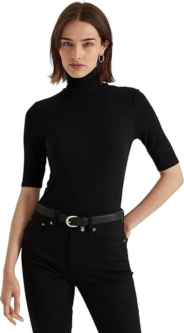 LAUREN Ralph Lauren Metallic Stretch Jersey Turtleneck (Polo Black) Women's Clothing