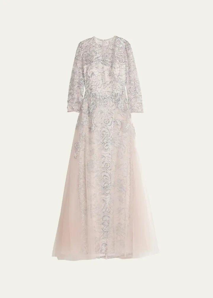 Beaded Illusion-Sleeve Tulle Gown