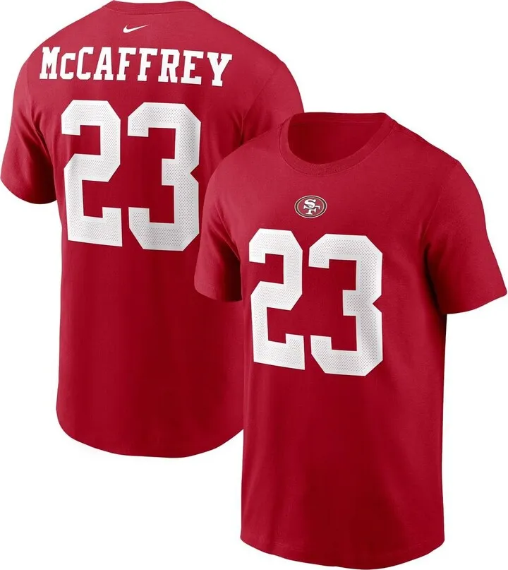 Men's Nike Christian McCaffrey Scarlet San Francisco 49ers Player Name and Number T-shirt
