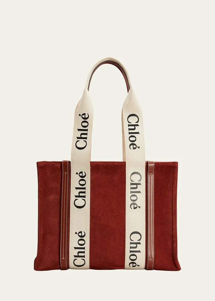 Woody Logo Medium Suede Tote Bag