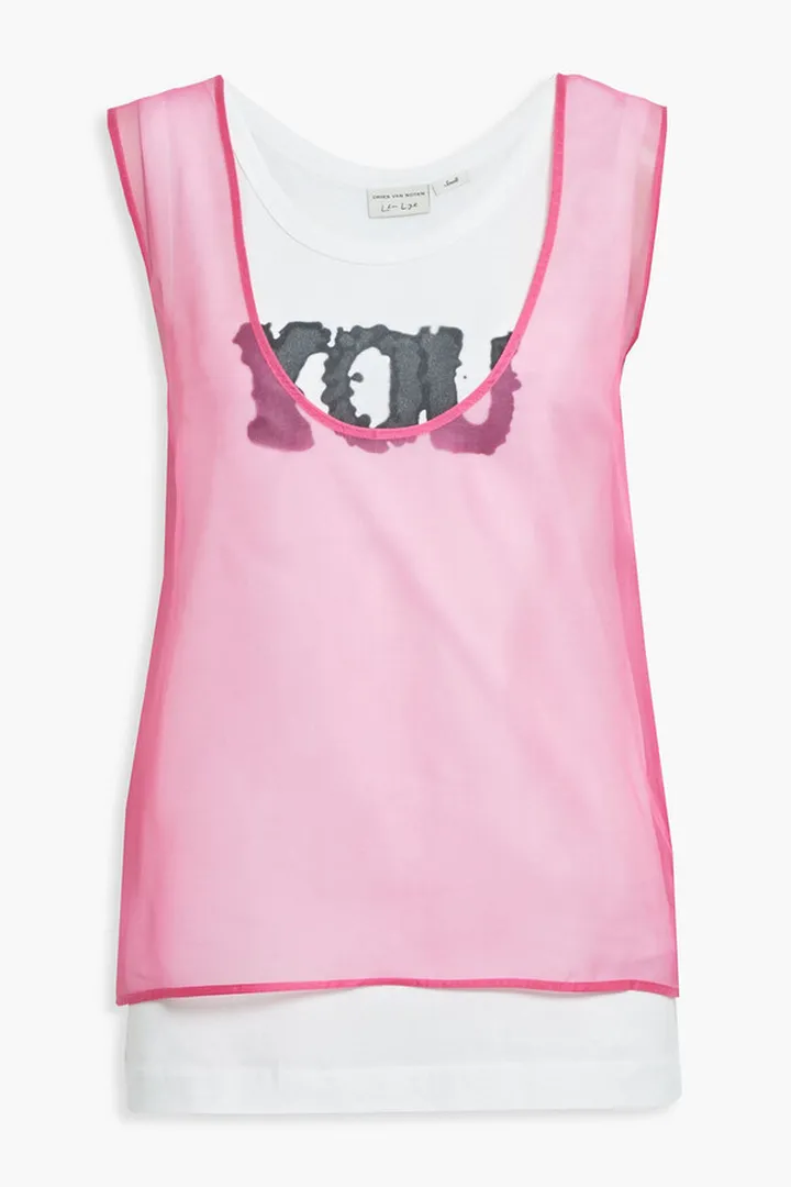 Layered printed cotton-jersey and silk-organza tank