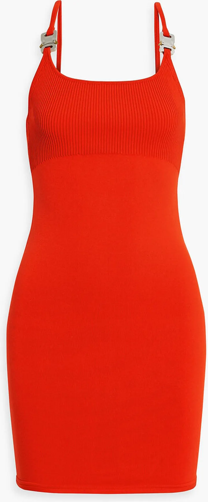 Buckle-detailed ribbed-knit mini dress