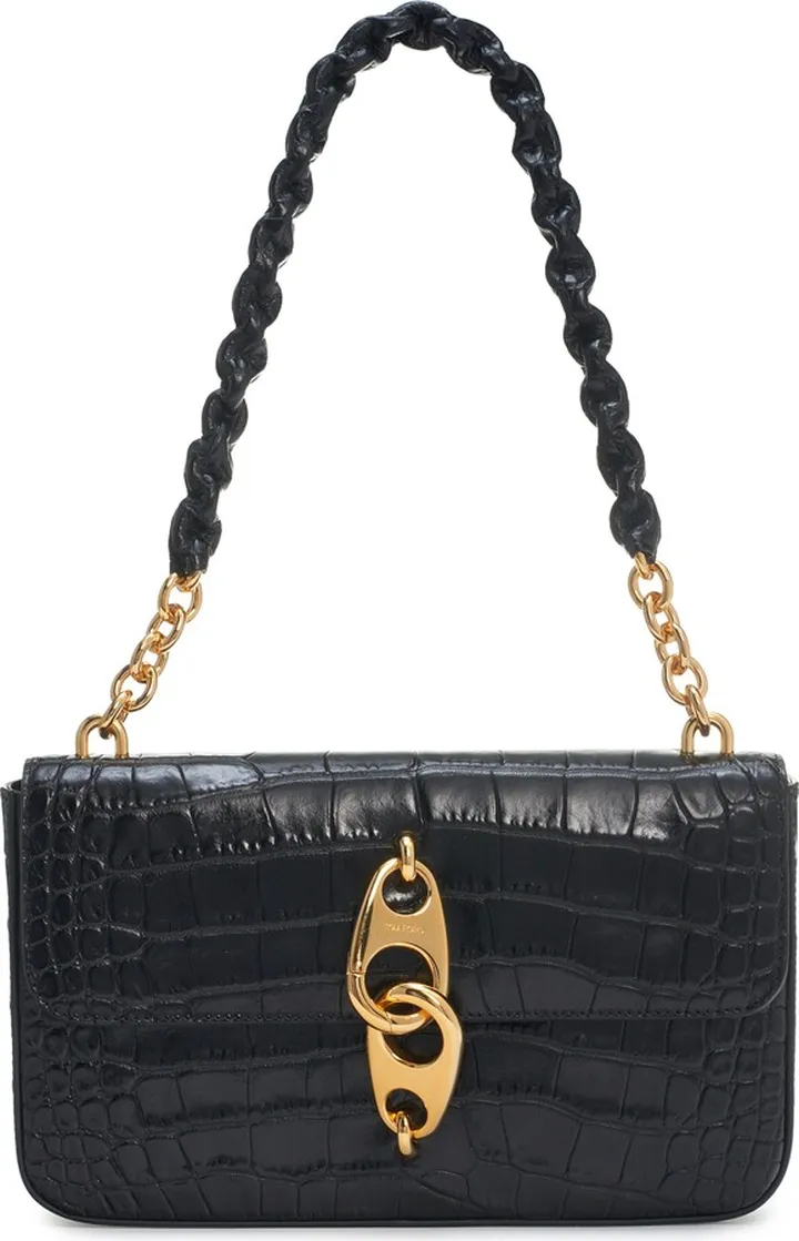 Medium Croc Embossed Leather Shoulder Bag