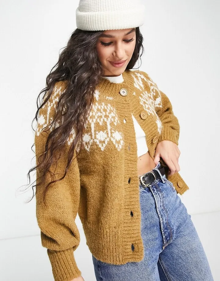 Pieces balloon sleeve fairisle cardigan in camel